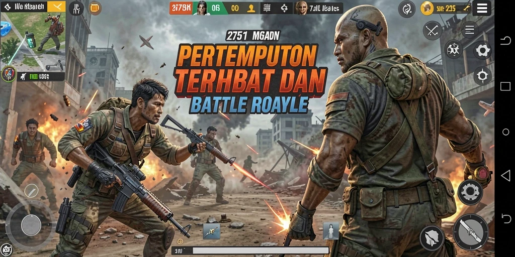 Screenshot utama 2757 menampilkan aksi pertempuran seru dalam Battle Royale.