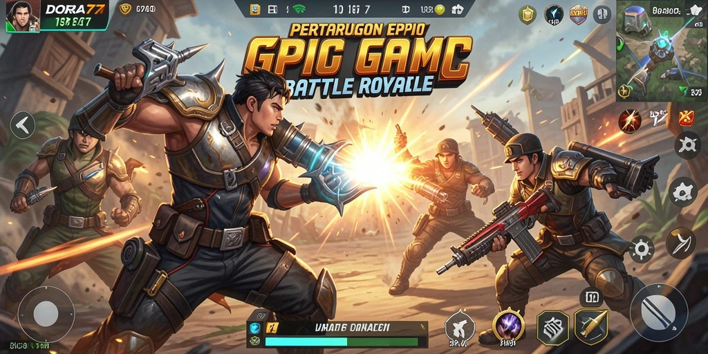 Screenshot DORA77 menampilkan aksi berintensitas tinggi di arena bertarung Battle Royale.
