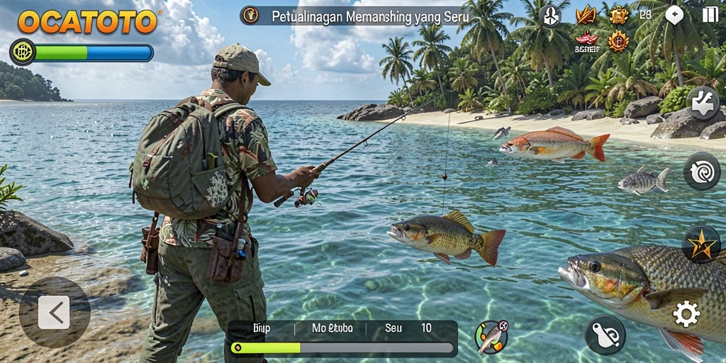 Screenshot gameplay OCATOTO yang menampilkan keseruan memancing.