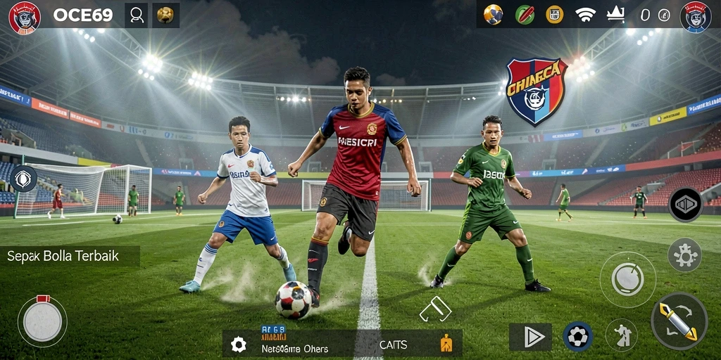 Screenshot gameplay OCE69 menampilkan aksi seru di lapangan sepak bola.