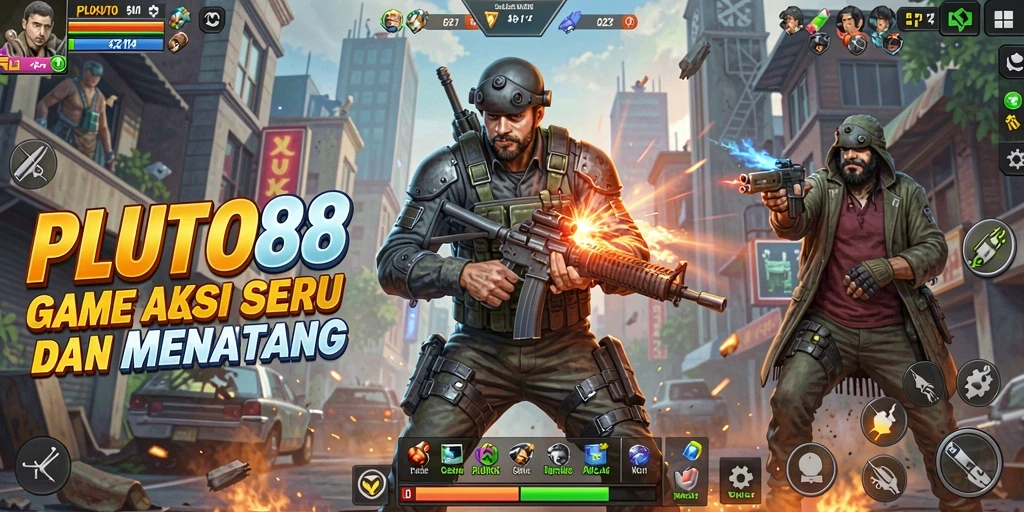 Screenshot gameplay PLUTO88 menunjukkan aksi mendebarkan dan karakter unik.