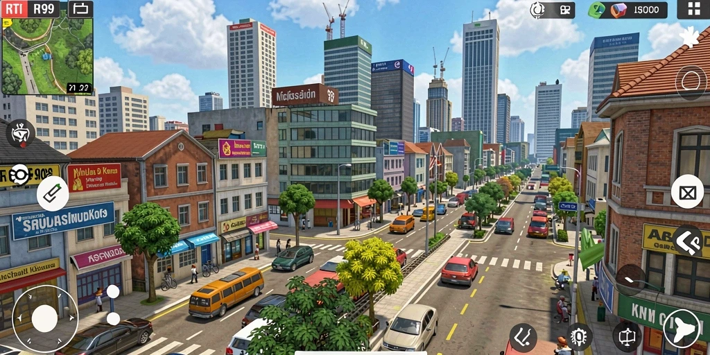 Screenshot gameplay RT99 menunjukkan suasana kota yang dinamis dan interaktif.