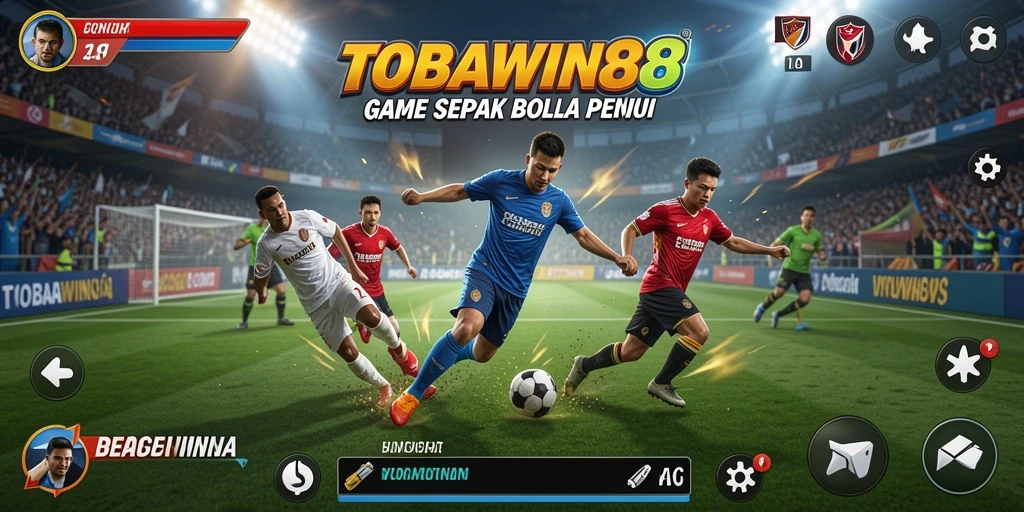 Screenshot menunjukkan gameplay seru TOBAWIN88 yang menampilkan duel sepak bola.