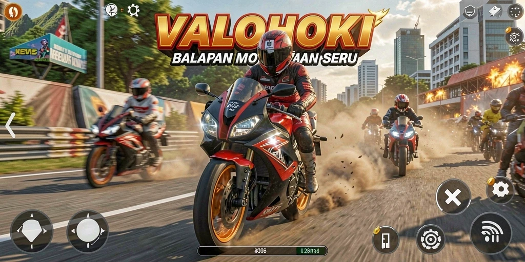 Tampilan gameplay menarik dengan aksi balapan motor yang mendebarkan.